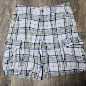 Vintage Y2K Abercrombie Fitch Shorts Mens 36 Blue Plaid Cargo Pockets Button Fly